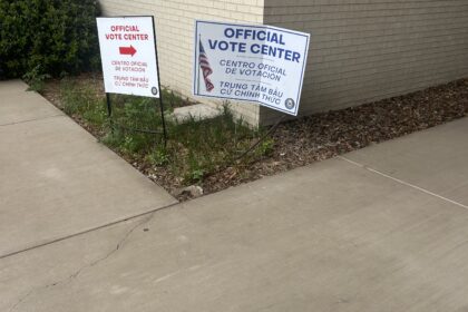 Photo of the vote center indication signage during early voting in Garland.